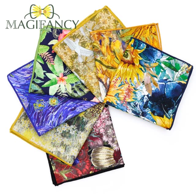 New Vintage Garden Oil Painting 23cm Handkerchief 100%Cotton Sunflower Women Men Wedding Party Suit Pocket Square Gift Accessory