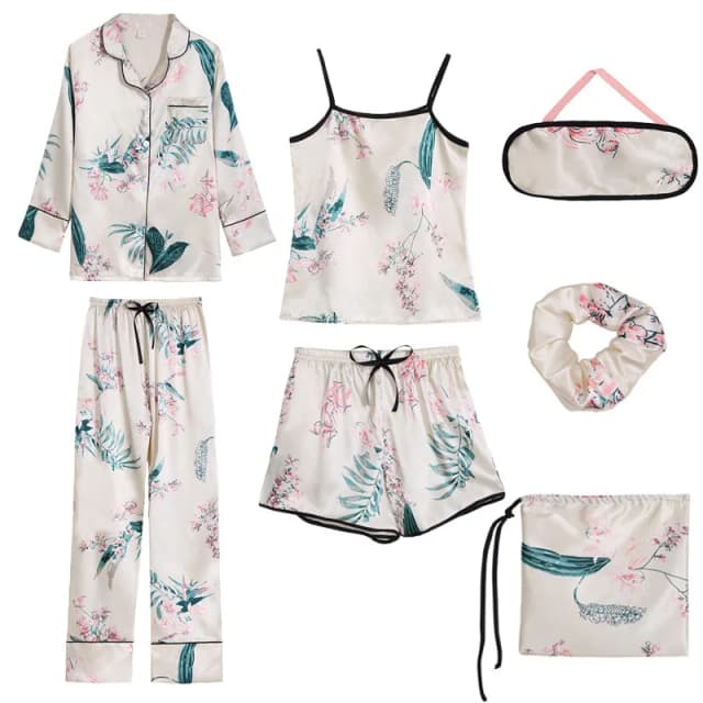 Strap Sleepwear Pyjamas Women's 7 Pieces Pink Pajamas Sets Satin Silk Lingerie Homewear Sleepwear Pyjamas Set Pijamas For Woman