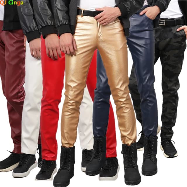 2023 Mới Nam Da Thời Trang Ôm Dáng PU Quần Đỏ Xanh Đen Xám Trắng Pantalones Hombre
